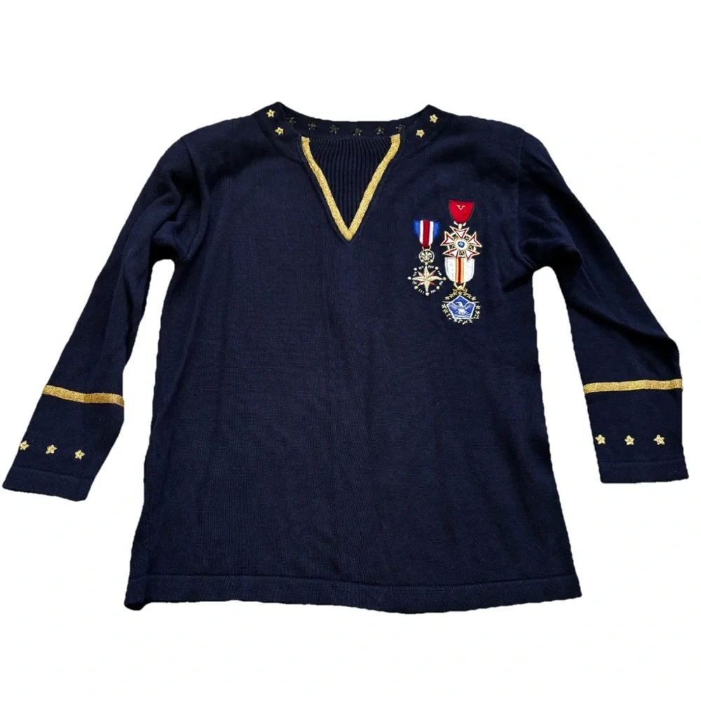SUZELLE Military Style Navy Long Sleeve Sweater w/ Decorative Accents Nautical - Picture 6 of 7
